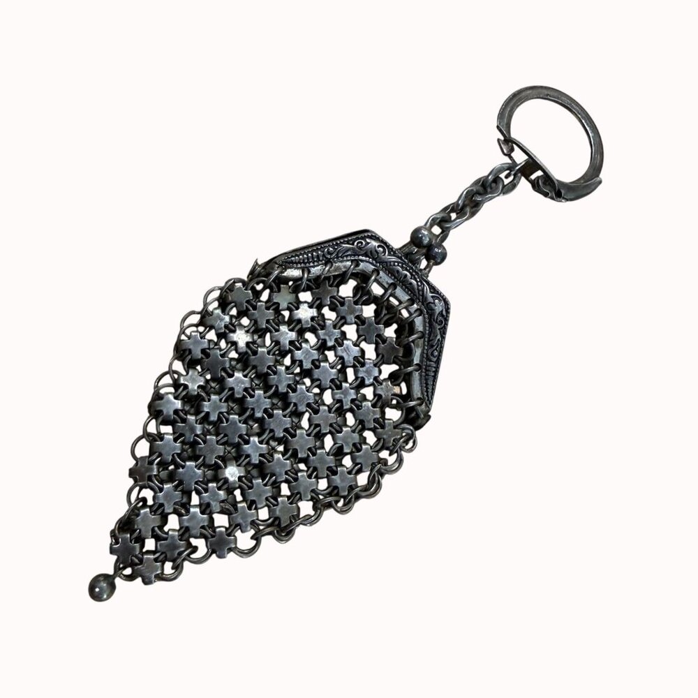 Antique Silver Mesh Chatelaine Coin Purse Keychain - image 1